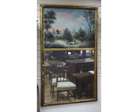 A rectangular gilt framed trumeau mirror, with mirror plate glass below a painted oil on canvas, depicting a hunting scene, W