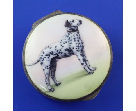 A 1920's continental engine turned silver and guilloche enamel circular pill box decorated with a Dalmatian, import marks for