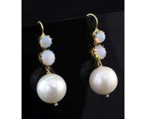 A pair of gold, cultured pearl and graduated white opal drop earrings, 1.25in.