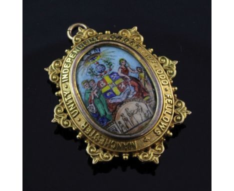 A 1960's 9ct gold and enamel "Manchester Unity Independent Order Of Odd Fellows" pendant, of oval form, with inscription en v