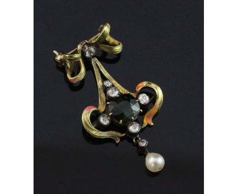 A late Victorian gold, green tourmaline, diamond and pearl set drop pendant, now converted to a brooch, of pierced scrolling 