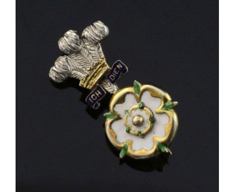 A 9ct gold and enamel military sweethearts brooch, modelled as the Prince of Wales feathers above the rose of York? with the 