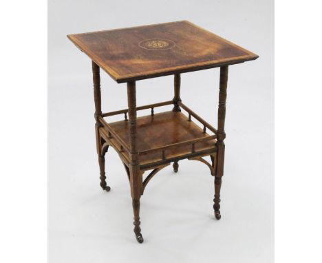 A late Victorian rosewood and satinwood crossbanded square occasional table, the top with central marquetry inlay, the undert