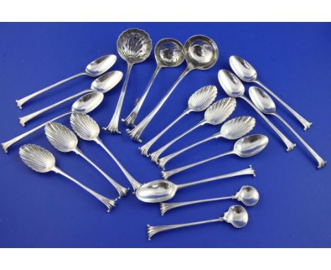 A small quantity of George III and later silver Onslow pattern flatware, including a set of six teaspoons with fluted bowls, 