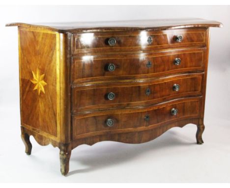 An 18th century Maltese olive wood and fruitwood serpentine commode, with four long graduated drawers and inlaid with star mo