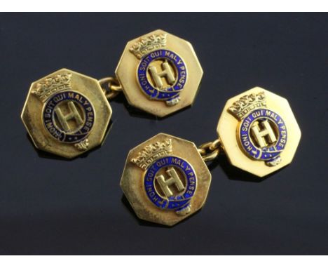 A pair of early 20th century gold and blue enamel regimental? octagonal cufflinks, the central motif depicting the letter H w