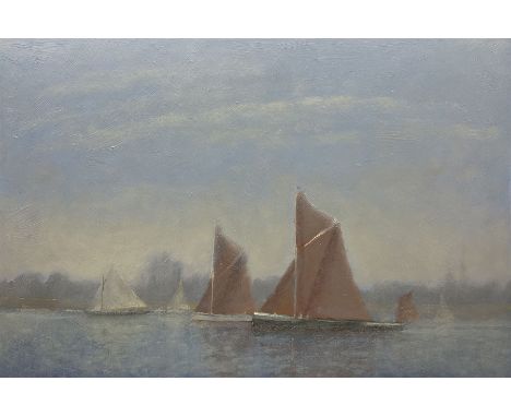 William Burns (British 1923-2010): 'Yachts in Mist - River Orwell' Suffolk, oil on board unsigned, titled verso 41cm x 61cm (