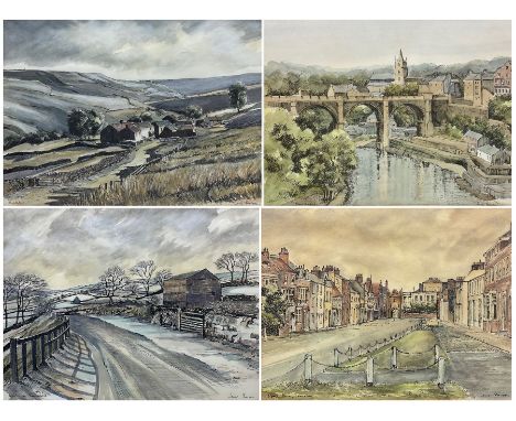 Jane Pearson (Yorkshire 20th century): 'Swaledale' 'Winer in Swaledale' and North Bar Beverley', three ink and watercolours t