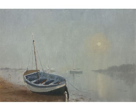 William Burns (British 1923-2010): 'Boat in Mist', oil on board indistinctly signed, titled verso 35cm x 51cm (unframed)Prove