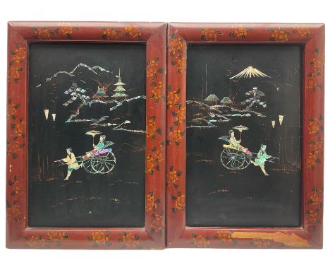 Japanese School (20th century): Figures with Jinrikisha (Pulled Rickshaw), pair Shibayama style mother of pearl inlaid panels
