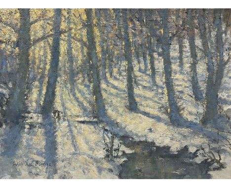 William Burns (British 1923-2010): 'Blue and Gold - the Wood in Winter', oil on canvas laid on board signed, titled verso 26c