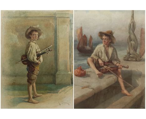 R Fleury (19th/20th century): Bohemian Boys with Violins, pair watercolours signed 51cm x 36cm (2)