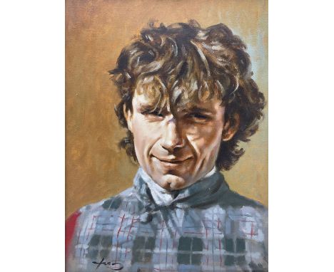 Graham Isom (British 1945-): 'The Champion Hurdle Cheltenham 17th March 1981' Portrait of John Francome Jockey of Sea Pigeon,