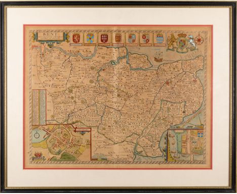 KENT. SPEED, John. Kent, with her Cities and Earles described and observed, hand coloured map with inset plans of Rochester a