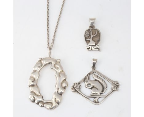 3 Vintage Danish stylised silver pendants, makers include Eneret, Eiler &amp; Marloe, largest pendant height 67.9mm, chain le