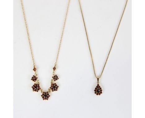 2 Vintage Danish Bohemian faceted garnet necklaces, including pendant and snowflake designs, necklace length 38cm and 44cm re