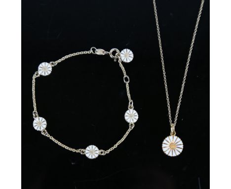 BERNHARD HERTZ - a Danish matching daisy pattern pendant necklace and bracelet set, vermeil sterling silver settings with whi