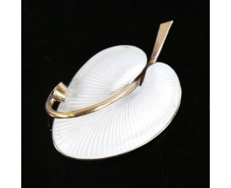 VOLMER BAHNER - a Vintage Danish modernist leaf brooch, stylised vermeil sterling silver settings with white enamel, brooch l