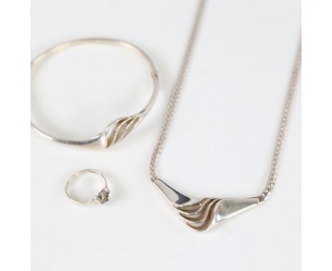 JENS JOSH AAGAARD - a Vintage Danish matching fold design necklace and hinged bangle set, and a similar fold ring by Hermann 