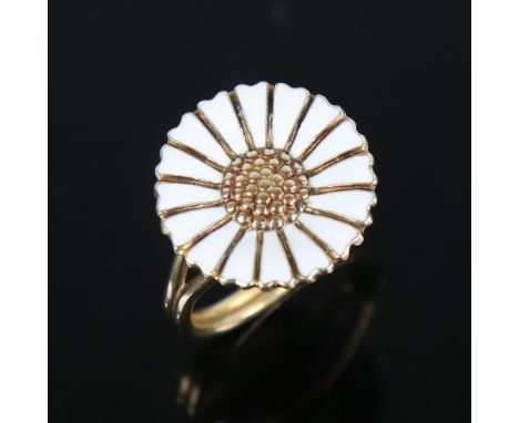 BERNHARD HERTZ - a Vintage Danish daisy pattern ring, vermeil sterling silver settings with white enamel petals, daisy diamet