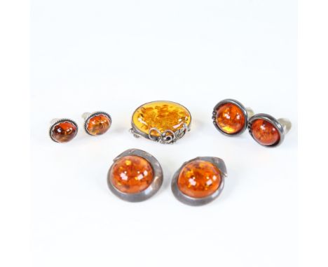 Various Danish Baltic amber jewellery, comprising 3 pairs of clip-on earrings and a brooch, brooch length 31.1mm, 42.9g total