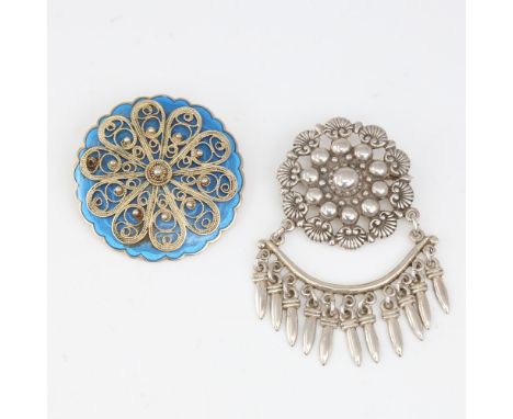 IVAR T HOLTH - a Vintage Norwegian vermeil sterling silver and blue enamel Folk Art brooch, diameter 42mm, and a similar Cont