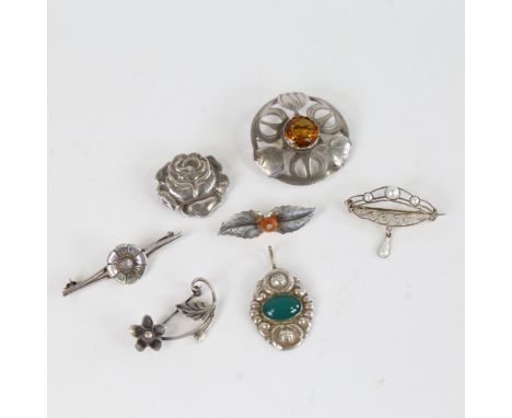 7 Vintage Danish stylised silver brooches, some stone set, makers include John Lauritsen, largest diameter 44.4mm, 31.1g tota