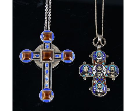 2 Scandinavian silver and enamel cross pendant necklaces, including Norwegian example by Aksel Holmsen, and Danish example by
