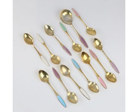 FRIGAST - a Vintage set of 12 Danish vermeil sterling silver and harlequin enamel coffee spoons and a matching preserve spoon
