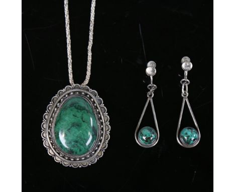 WALTER ARNESEN - a Vintage Danish green stone demi-parure, comprising pendant necklace and pair of screw-back pendant earring