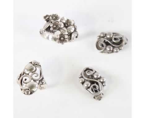 A group of similar Vintage Danish stylised silver jewellery, comprising 2 rings and a pair of clip earrings, makers include H