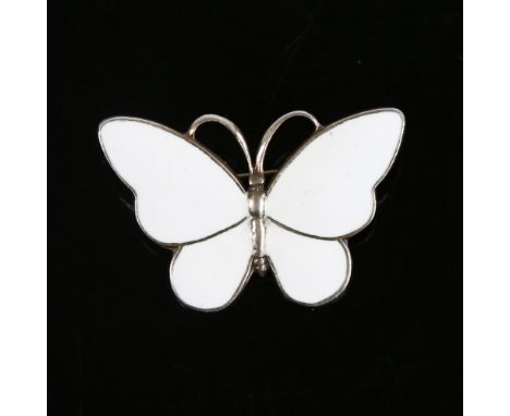 VOLMER BAHNER - a Vintage Danish butterfly brooch, vermeil sterling silver settings with white enamel wings, wingspan 35.5mm,
