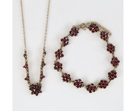 A Vintage Danish Bohemian faceted garnet matching necklace and bracelet set, necklace length 40cm, bracelet length 16cm, 15.9
