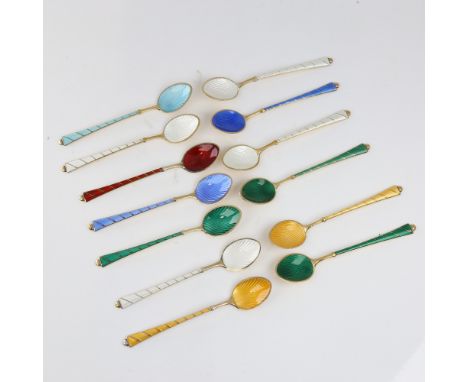 EGON LAURIDSEN - a set of 13 Vintage Danish vermeil sterling silver and harlequin enamel coffee spoons, spoon length 9.5cm, 1