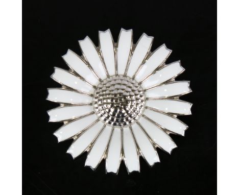 GEORG JENSEN - a large Danish daisy pattern brooch, sterling silver settings with white enamel petals, brooch diameter 43.5mm