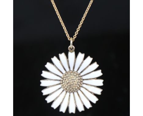 ANTON MICHELSEN - a Vintage Danish daisy pattern pendant necklace, vermeil sterling silver settings with white enamel petals,