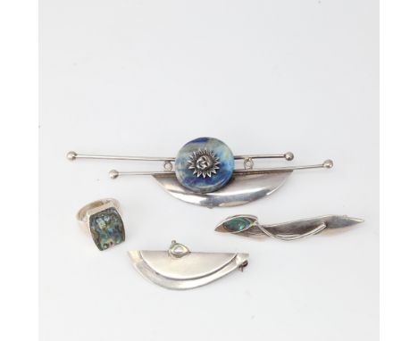 A group of Vintage Danish modernist jewellery, comprising 3 stone set brooches and an abalone ring, makers included Arne Joha