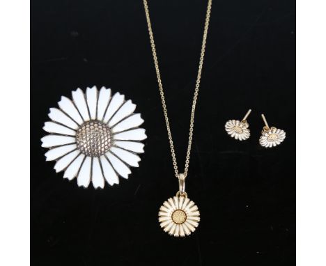 VIGGO PEDERSEN - a Vintage Danish daisy pattern brooch, vermeil sterling silver settings with white enamel petals, brooch dia
