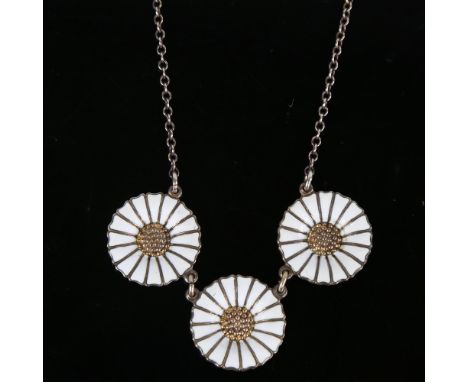 GEORG JENSEN - a Vintage Danish daisy pattern necklace, vermeil sterling silver settings with white enamel petals and 3 centr