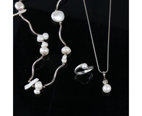 A group of Danish modernist silver and pearl jewellery, including wavey Baroque pearl necklace, length 45cm, and ring, size P