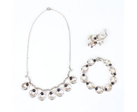 HERMANN SIERSBOL - a Vintage Danish stone set demi-parure, comprising necklace bracelet and brooch, stylised sterling silver 