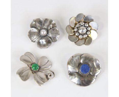 4 Vintage Danish floral brooches, stylised silver settings, makers include Evald J Nielsen, Borge, Axel, Meyer, clover length