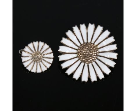 ANTON MICHELSEN - a Vintage Danish graduated pair of daisy pattern brooches, vermeil sterling silver settings with white enam