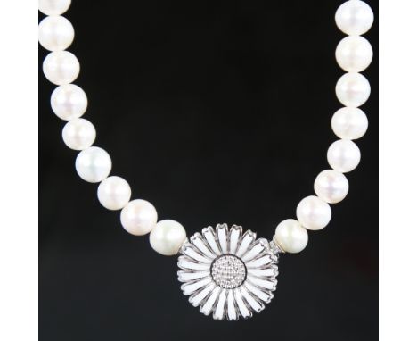 AKZ - a Danish daisy pattern pearl necklace, single row of cultured pearls with sterling silver and white enamel daisy clasp,