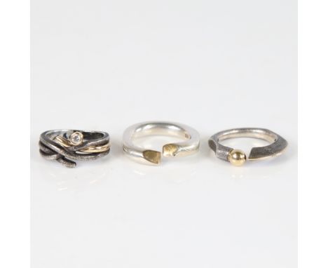 3 Vintage Danish modernist oxidised and gilded sterling silver rings, makers include Frits Heiring Sorensen, size O, and P x 