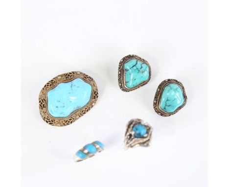 A group of Vintage Danish turquoise jewellery, comprising 2 rings, brooch and a pair of clip-on earrings, stylised silver set
