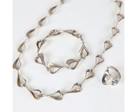 RANDERS SOLVVAREFABRIK - a Vintage Danish matching heart link necklace and bracelet set, and a similar unnamed silver fold ri