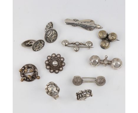 Various Scandinavian silver Viking Revival jewellery, including brooches, rings, cufflinks etc, bird brooch length 52.5mm, ri
