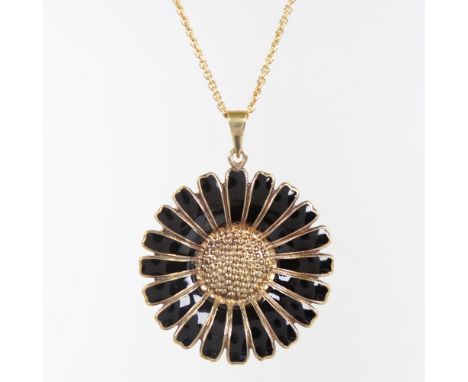 BERNHARD HERTZ - a Vintage Danish daisy pattern pendant necklace, vermeil sterling silver settings with black enamel petals a