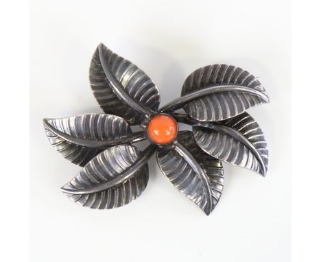 VIGGO WOLLNY - a Vintage Danish coral floral brooch, oxidised stylised sterling silver settings, brooch length 47.8mm, 12.1g
